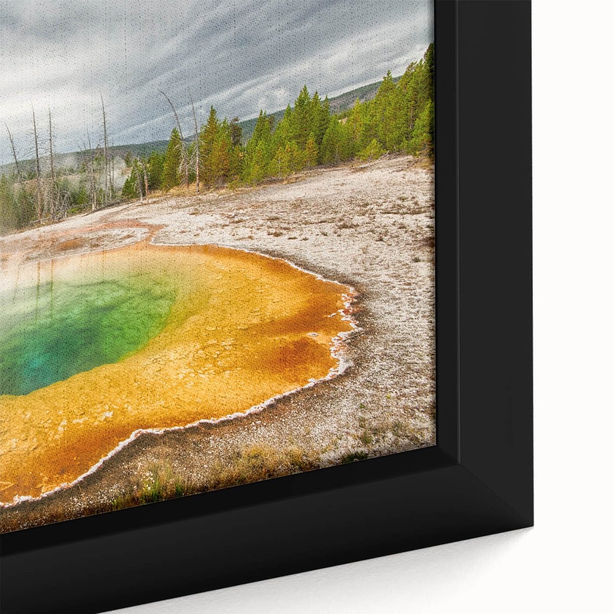 Close-up of a framed canvas wall art piece showcasing a serene hot spring landscape design, featuring vibrant colors and intricate details, perfect for home decor.