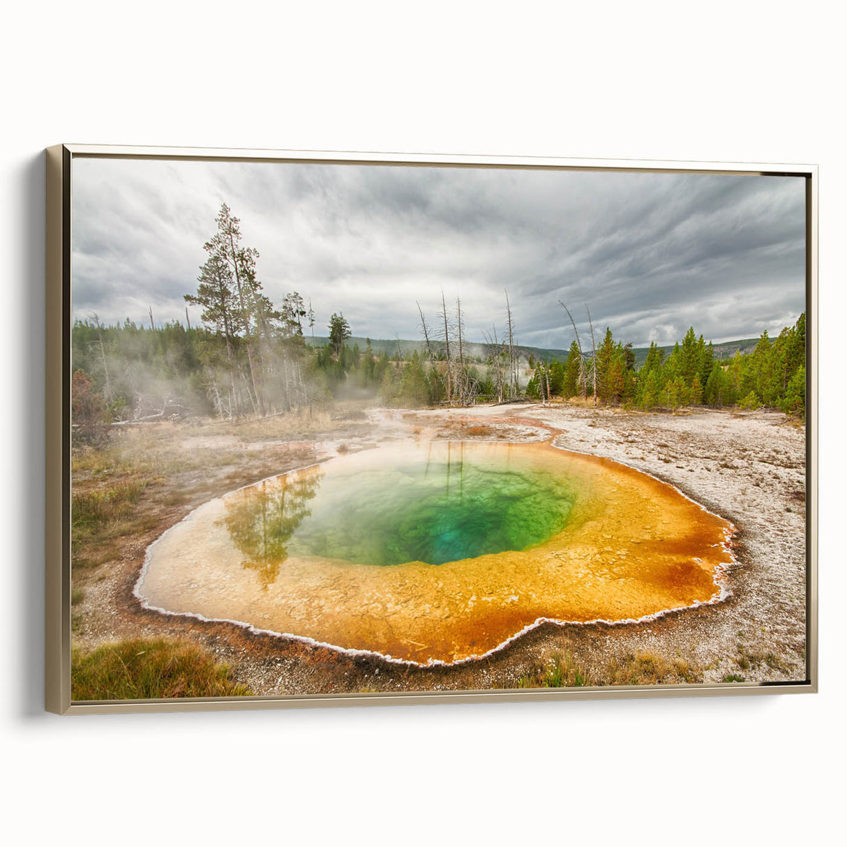Framed canvas wall art depicting a serene hot spring landscape with vibrant colors and intricate details, featuring a luxurious gold frame that enhances its elegance. Perfect for home decor, this piece brings a tranquil atmosphere to any room.