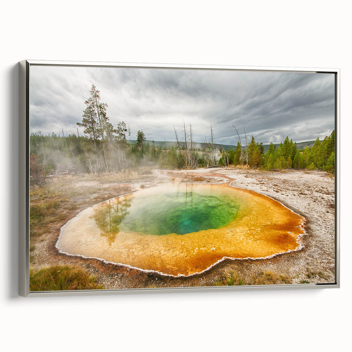Framed canvas wall art depicting a serene hot spring landscape, featuring vibrant colors and intricate details, highlighted by a sleek silver frame. Ideal for enhancing modern decor.