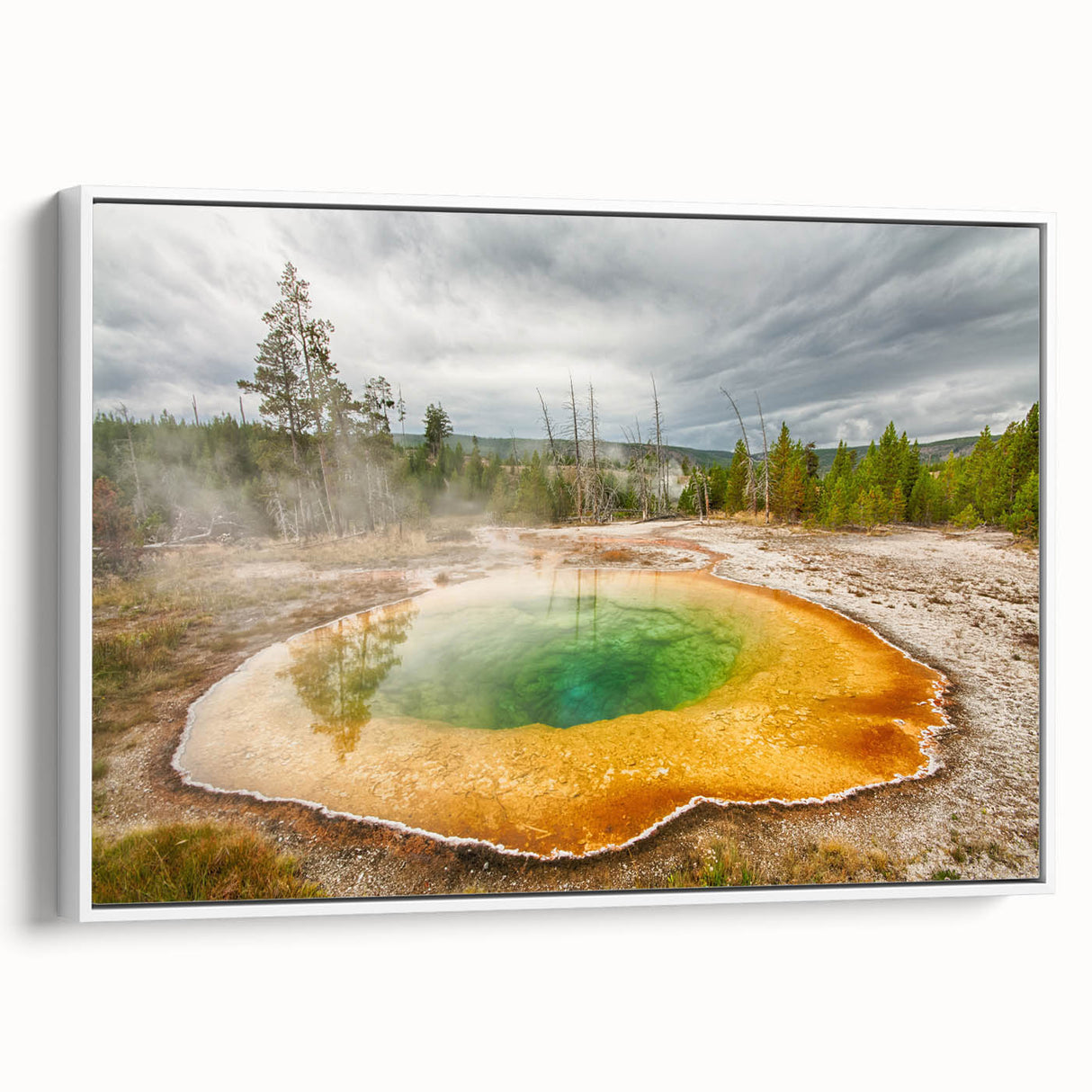 Framed canvas wall art showcasing a serene hot spring landscape design, featuring lush greenery and tranquil water tones, ideal for home decor.