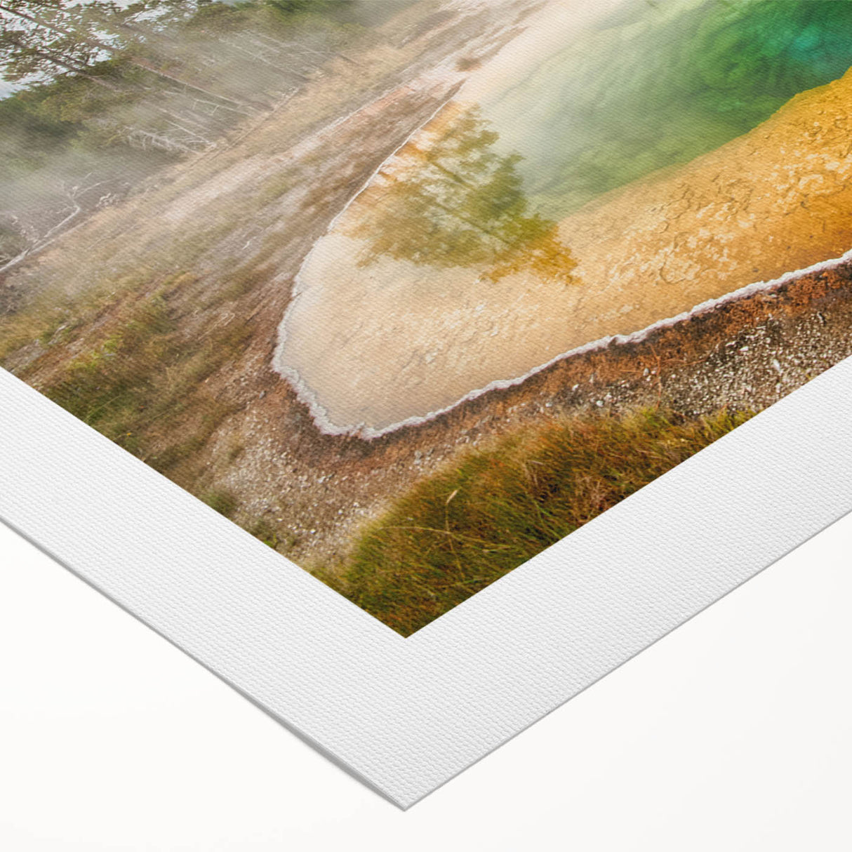 Rolled canvas artwork showcasing a serene hot spring landscape design with vibrant colors, perfect for home decor. Packaged securely in a cardboard tube for shipping.