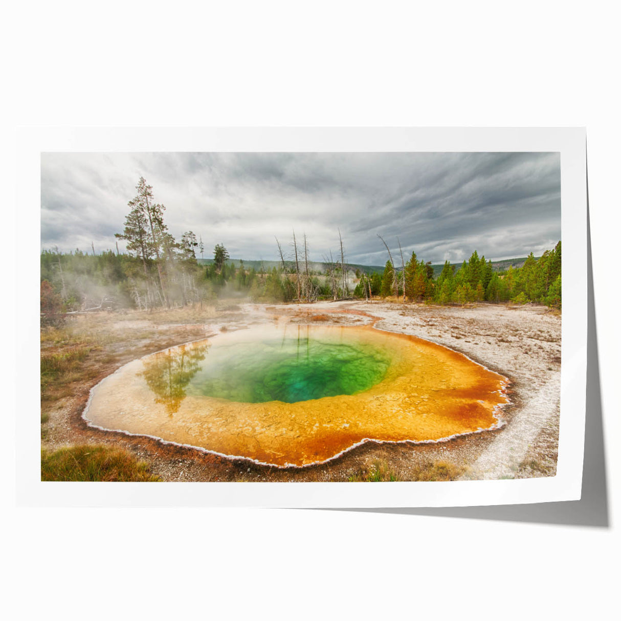 Vibrant rolled print showcasing a serene hot spring landscape design, featuring lush greenery and tranquil water reflections, perfect for home decor.