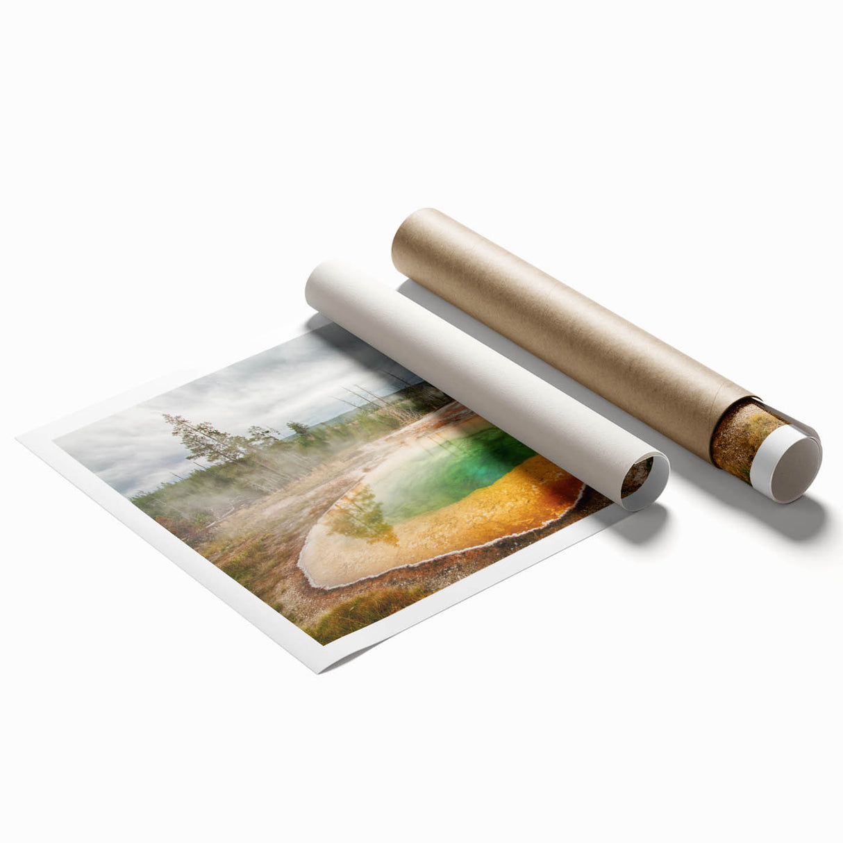 Rolled print showcasing a serene hot spring landscape in vibrant colors, perfect for home decor, featuring lush greenery and tranquil water reflections.