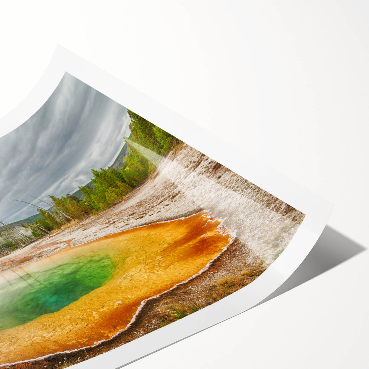 Serene hot spring landscape wall art print showcasing vibrant colors and intricate details, rolled for convenient shipping in protective packaging, perfect for home decor.