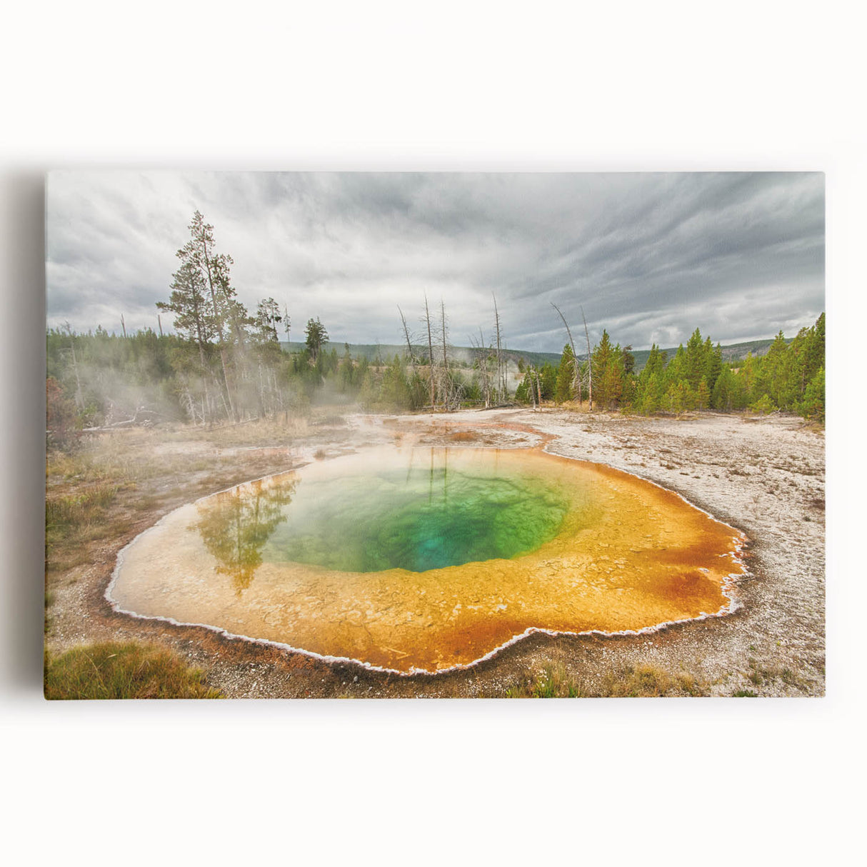 Stretched canvas wall art showcasing a serene hot spring landscape with vibrant colors and intricate details, perfect for adding tranquility to any space.