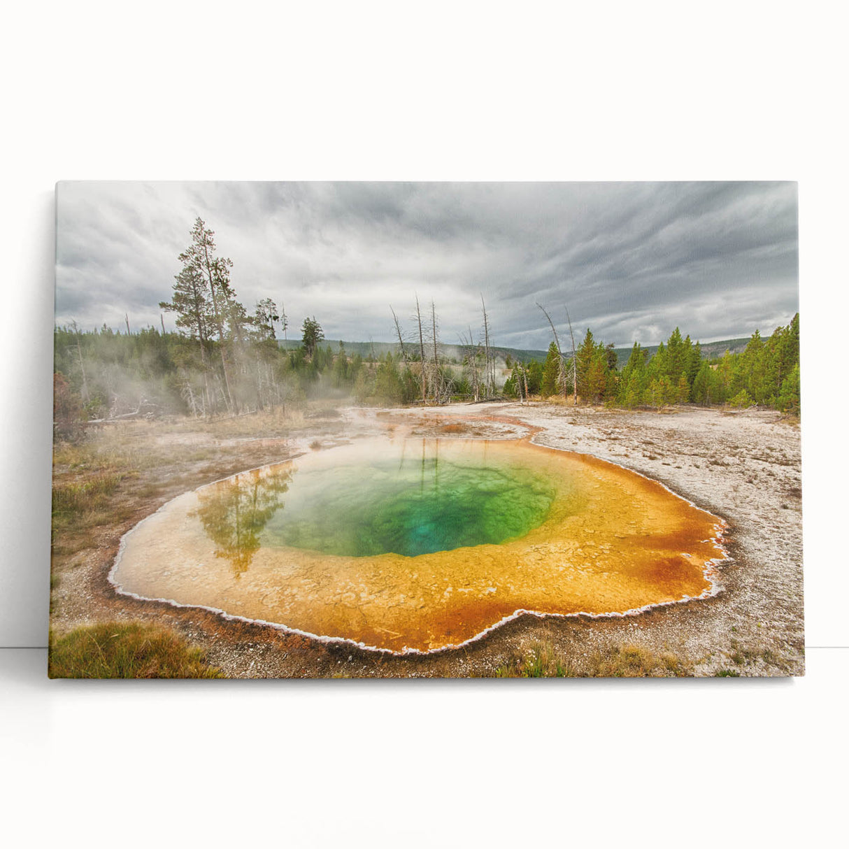 Stretched canvas wall art featuring a serene hot spring landscape design, showcasing vibrant greens and blues, perfect for enhancing any living space decor.