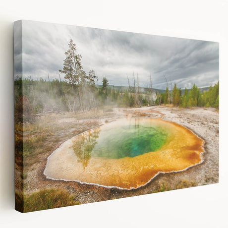 Stretched canvas wall art showcasing a serene hot spring landscape with vibrant colors and intricate details, perfect for home decor and nature enthusiasts.
