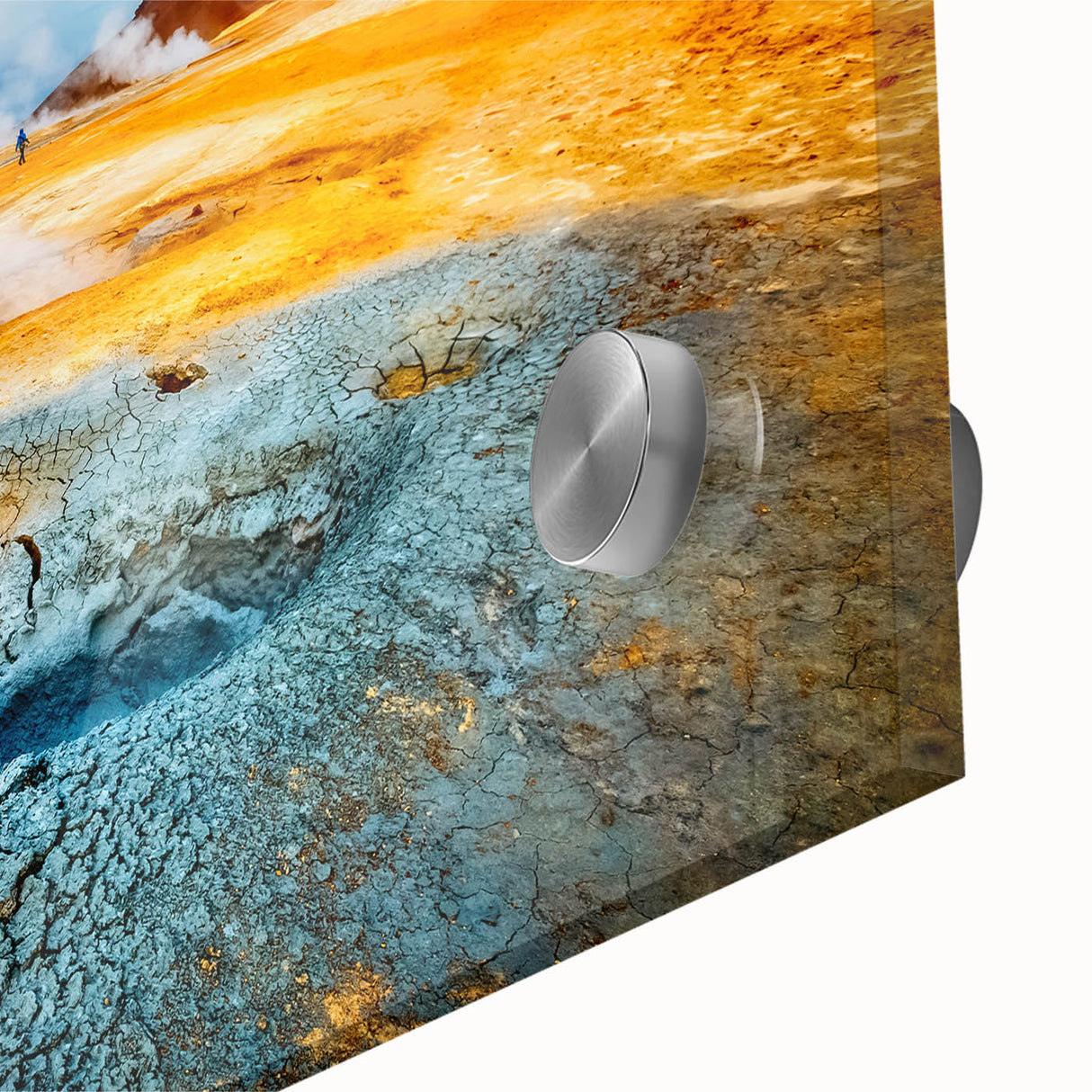 Close-up of a vibrant acrylic wall art piece showcasing a serene hot spring landscape, featuring lush greenery and tranquil waters, perfect for home decor.