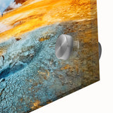 Close-up of a vibrant acrylic wall art piece showcasing a serene hot spring landscape, featuring lush greenery and tranquil waters, perfect for home decor.
