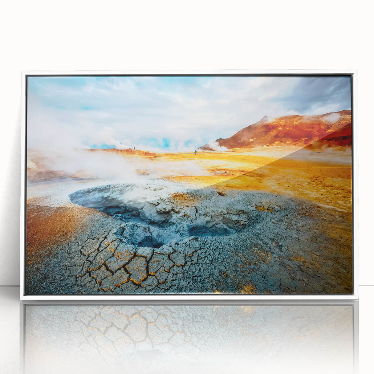 Framed acrylic wall art displaying a serene hot spring landscape, featuring lush greenery and a tranquil water scene, perfect for home decor in modern settings.