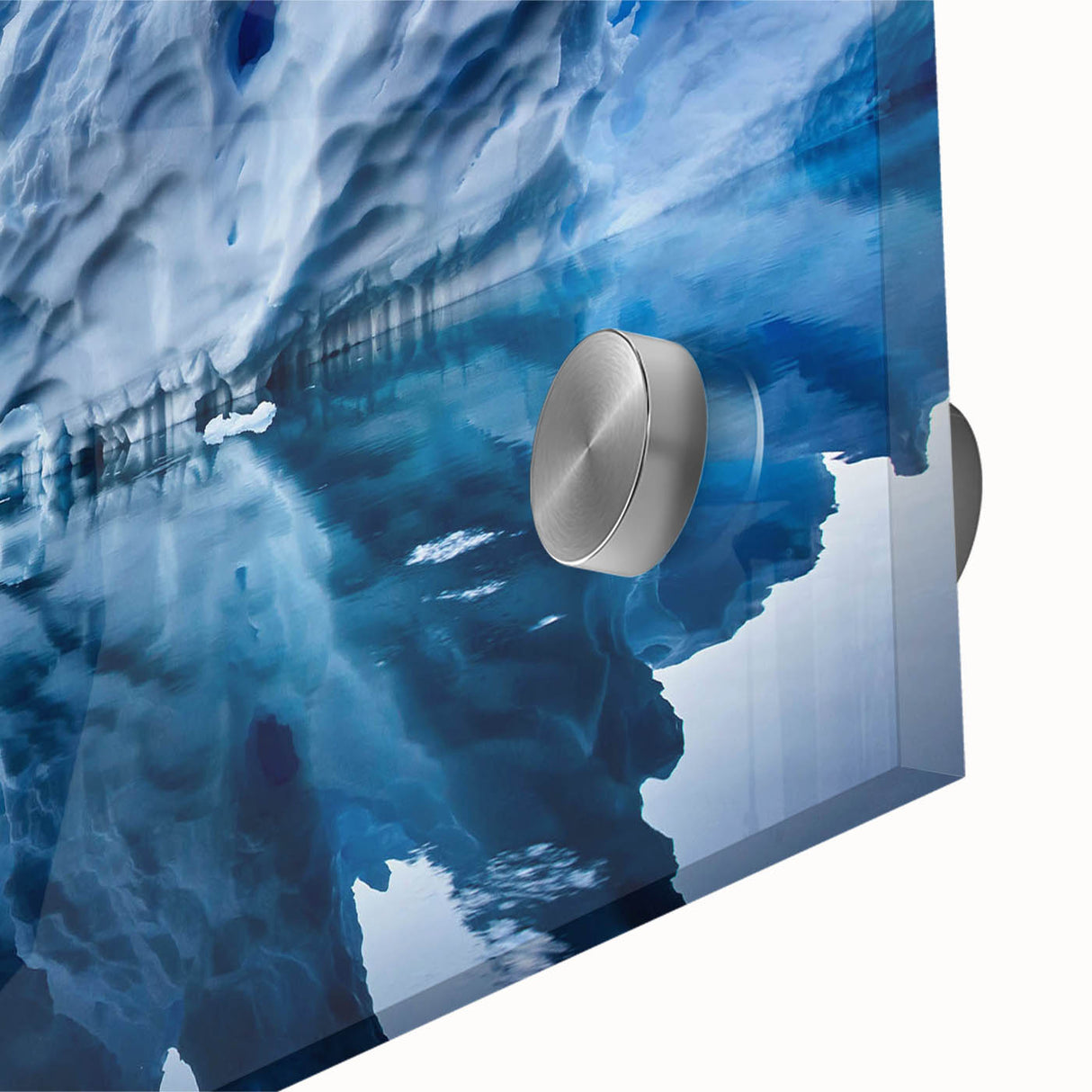 Close-up of a vibrant iceberg landscape wall art design featuring intricate details and colors, printed on acrylic glass for a modern decor accent. Perfect for adding a touch of nature-inspired elegance to any space.