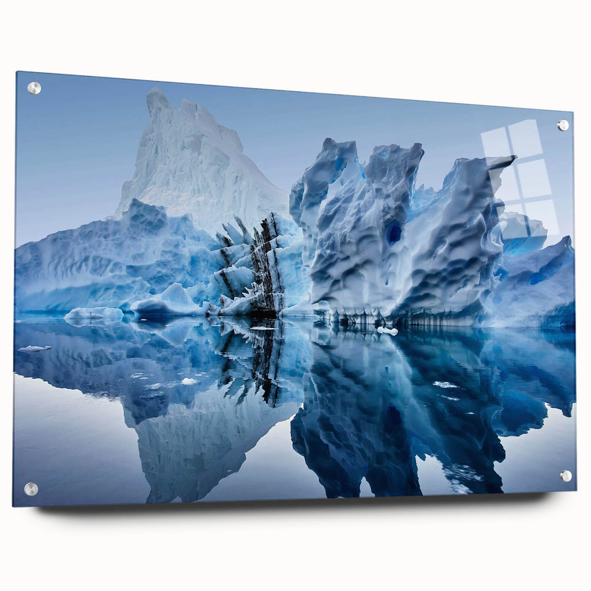 Acrylic glass side view of a modern iceberg landscape wall art collection, showcasing vibrant blues and whites, elegantly displayed with decorative pins.