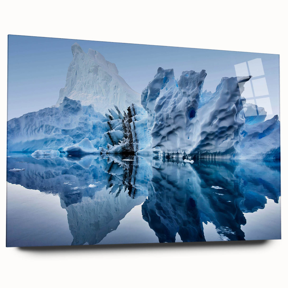 Acrylic glass wall art showcasing a stunning iceberg design, displayed in a side view, featuring vibrant blue and white hues that evoke a serene, icy landscape.