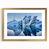 Framed wall art piece showcasing a stunning iceberg landscape design with a gold mat, perfect for modern decor, highlighting cool tones and serene beauty.