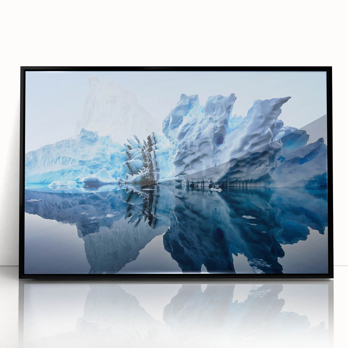 Framed acrylic wall art featuring a striking iceberg landscape design with a sleek black frame, perfect for modern home decor, emphasizing nature's beauty.