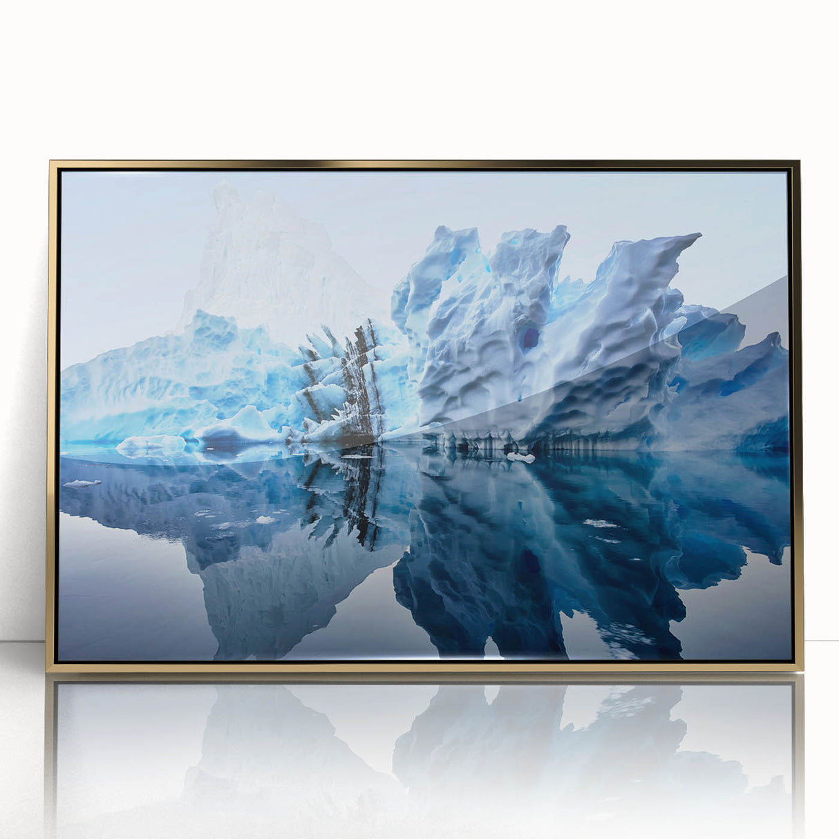 Framed acrylic wall art featuring a stunning iceberg landscape design with gold accents, ideal for modern home decor. Perfect for adding a touch of elegance to any room.