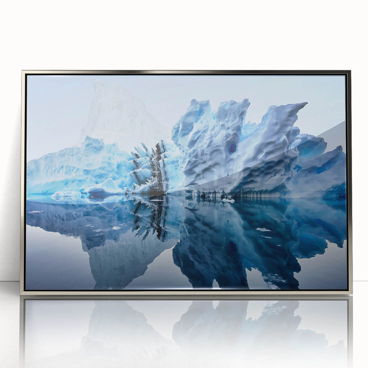 Framed acrylic wall art showcasing a modern iceberg landscape design, featuring a silver frame and vibrant colors, ideal for contemporary home decor.