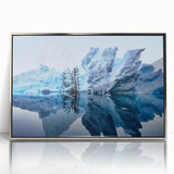 Framed acrylic wall art showcasing a modern iceberg landscape design, featuring a silver frame and vibrant colors, ideal for contemporary home decor.