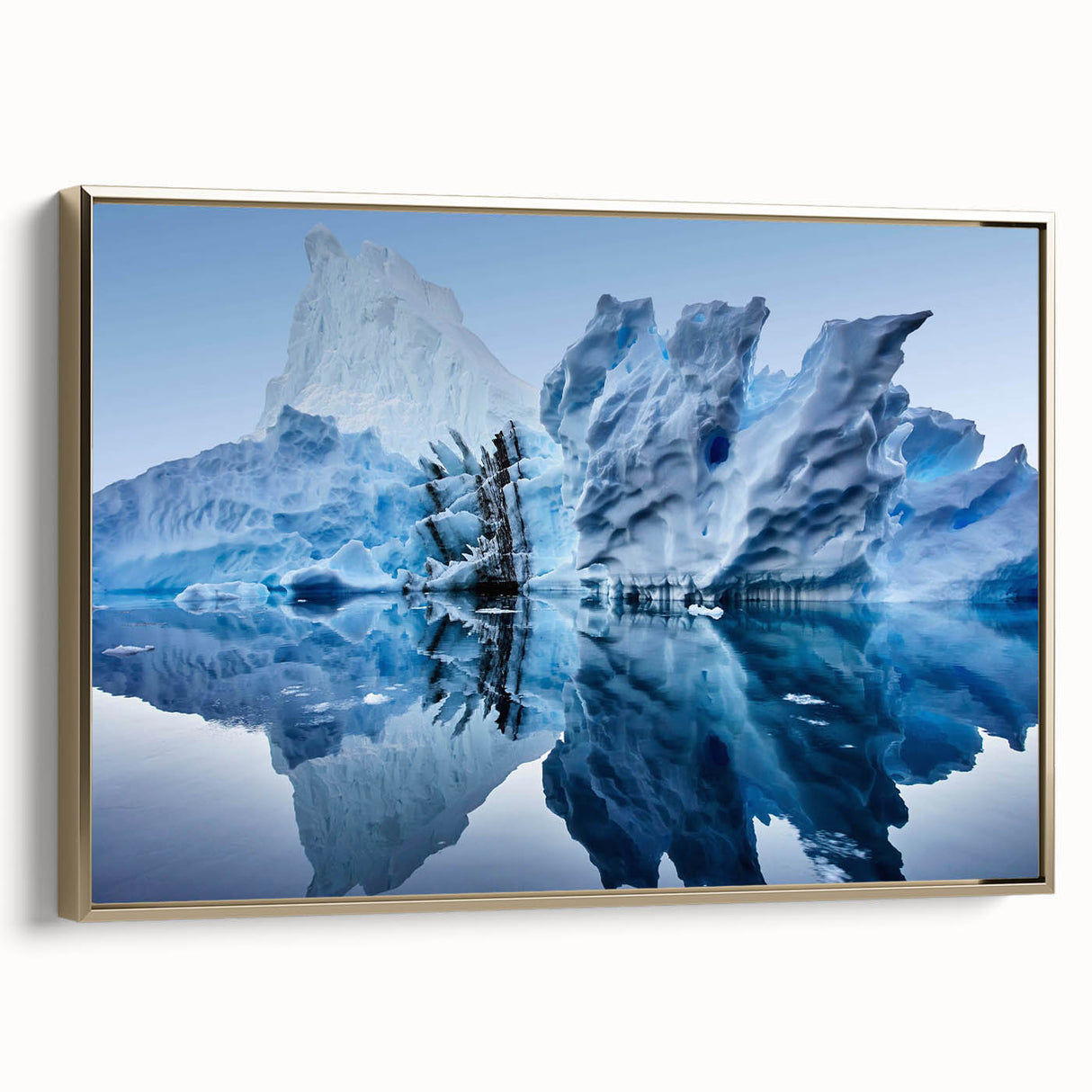 Framed canvas wall art featuring a striking iceberg landscape design with gold accents, showcasing a modern aesthetic perfect for home decor. The side view highlights the canvas texture and elegant frame, ideal for enhancing living spaces.