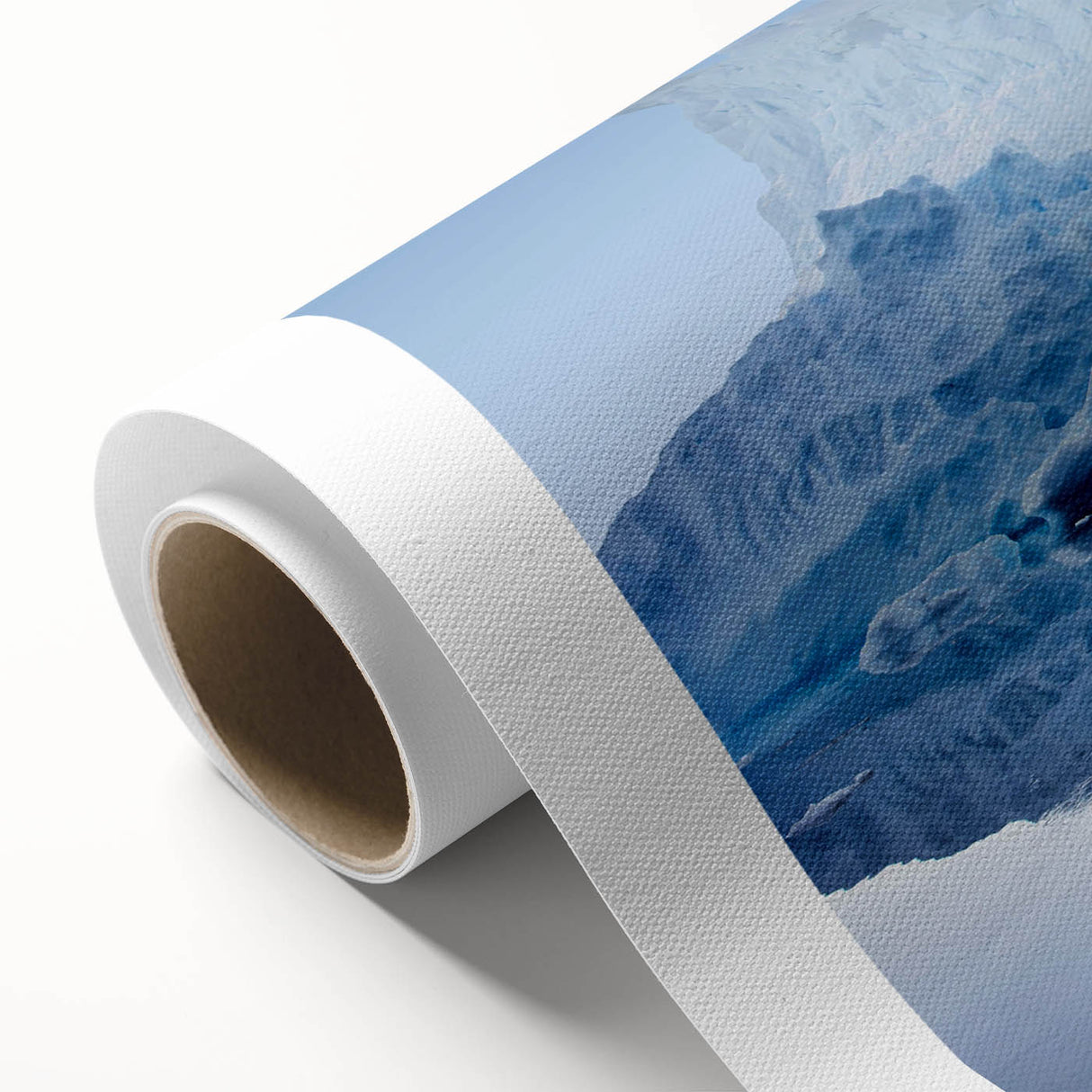 Stunning rolled canvas featuring a vibrant iceberg landscape design, showcasing icy blues and whites, perfect for modern home decor. Packaged securely in a cardboard tube for safe delivery.