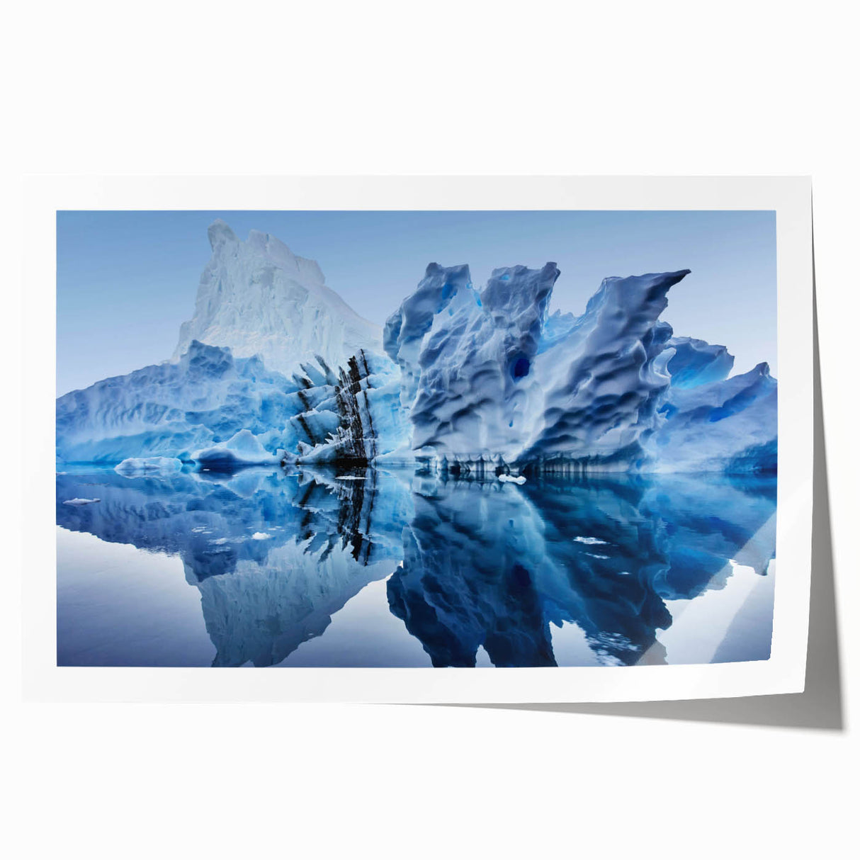 Stunning rolled print of an iceberg landscape design showcasing vibrant blues and whites, ideal for modern home decor, packaged securely for delivery.