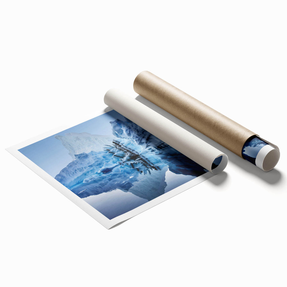 Vibrant rolled print of a stunning iceberg landscape wall art design, showcasing cool blues and whites, ideal for modern home decor. Perfect for adding a serene touch to any space.