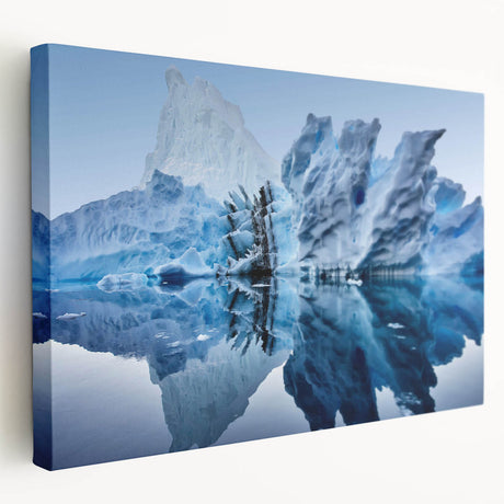 Stretched canvas wall art of a stunning iceberg landscape design, showcasing vibrant blues and whites, perfect for adding a serene touch to modern decor.