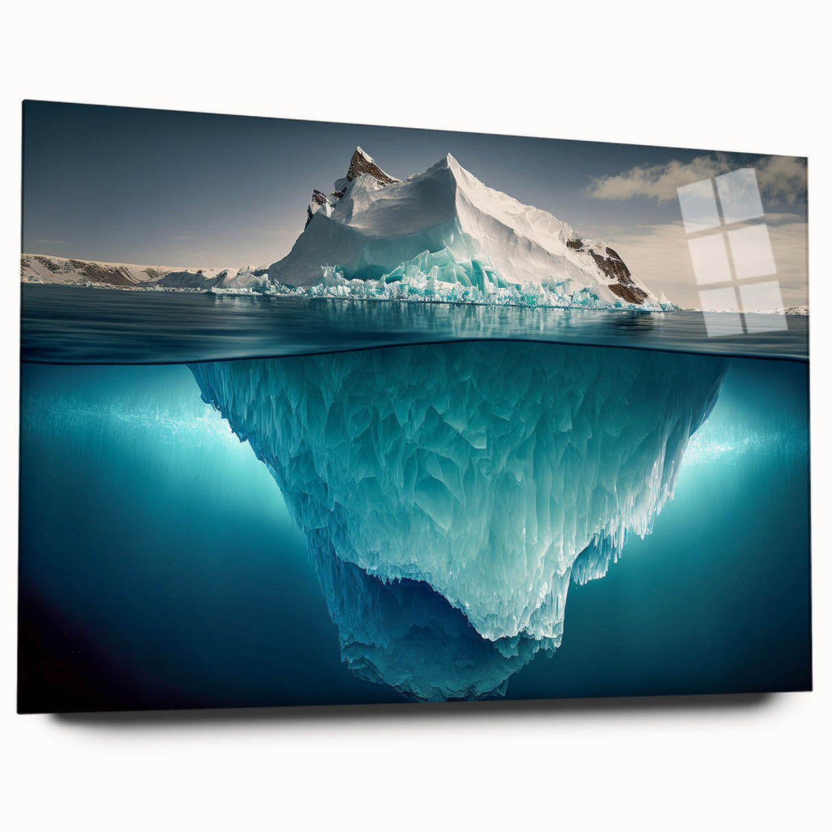 Acrylic glass wall art showcasing an elegant iceberg design, featuring a side view of the artwork without pins, perfect for modern home decor.