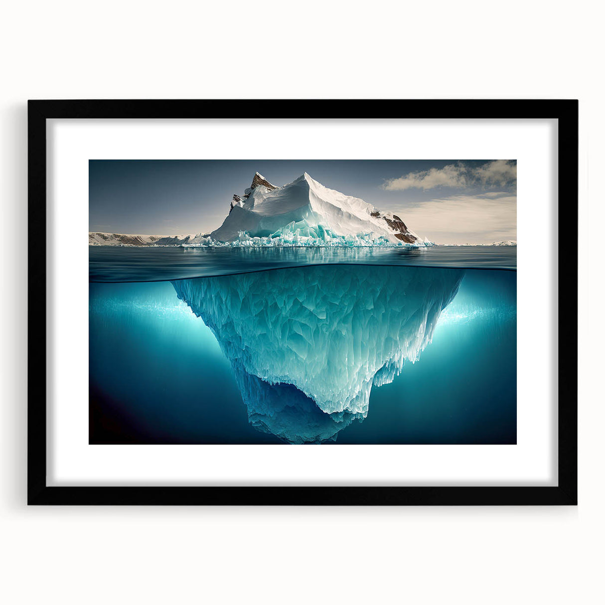 Framed landscape wall art showcasing a stunning iceberg design with a black mat, perfect for modern home decor and adding a touch of elegance to any room.