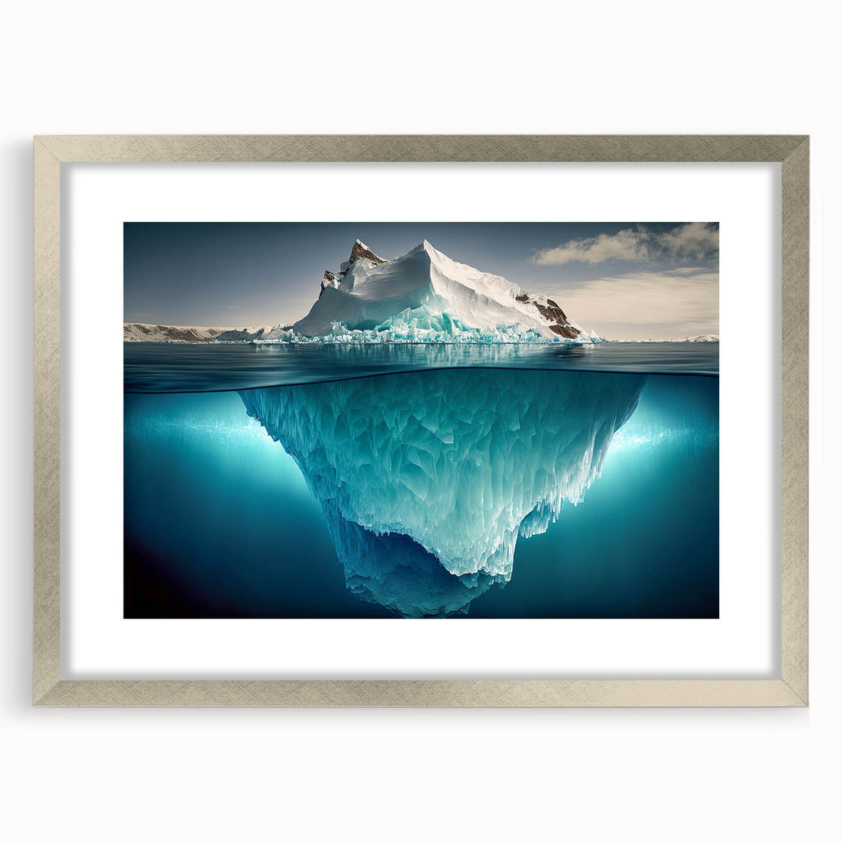 Framed wall art showcasing a stunning iceberg landscape design with a sleek silver frame and mat, perfect for modern home decor and enhancing interior aesthetics.