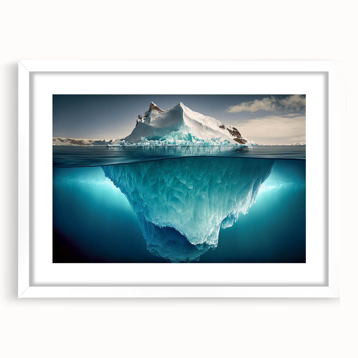 Framed landscape wall art featuring an iceberg design, highlighted by a white mat and sleek frame, perfect for modern home decor and artistic expression.