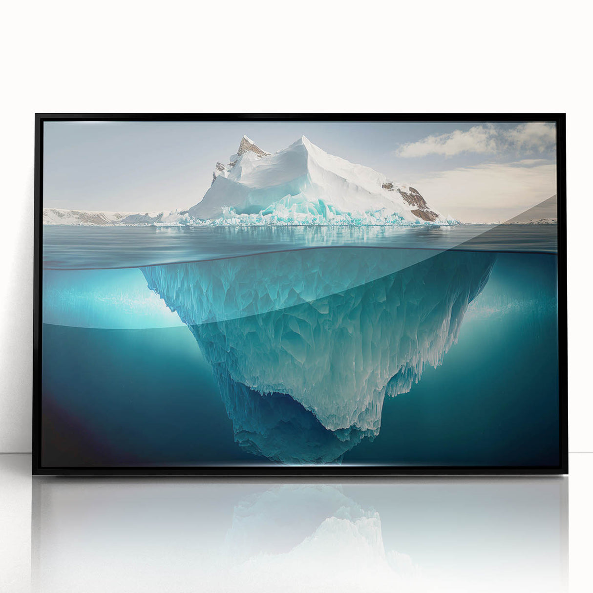 Framed acrylic wall art showcasing a stunning iceberg landscape design with intricate details, set in a sleek black frame, ideal for modern home decor.