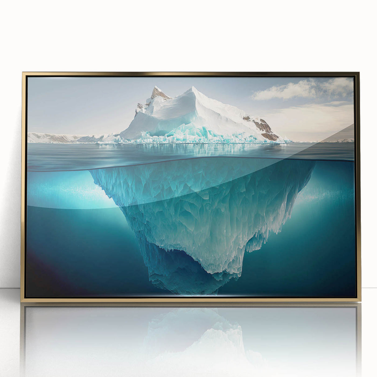 Framed wall art featuring a stunning iceberg landscape design with a gold-accented frame, showcasing cool blue and white tones, perfect for modern decor.