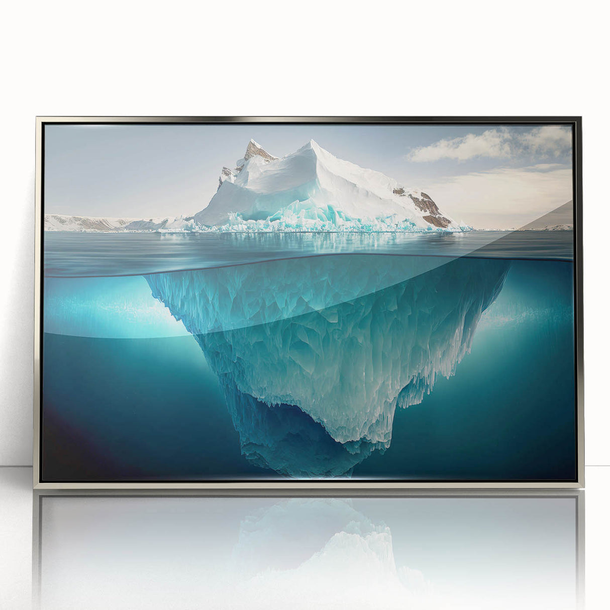 Framed acrylic wall art featuring a stunning iceberg landscape design, showcasing cool blue and white tones, ideal for modern home decor. Perfect for adding an artistic touch to living spaces.
