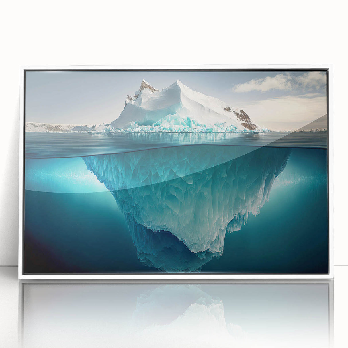 Framed wall art showcasing a stunning iceberg landscape design with vibrant colors and intricate details, set against a sleek white frame, ideal for modern decor.