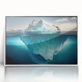 Framed wall art showcasing a stunning iceberg landscape design with vibrant colors and intricate details, set against a sleek white frame, ideal for modern decor.