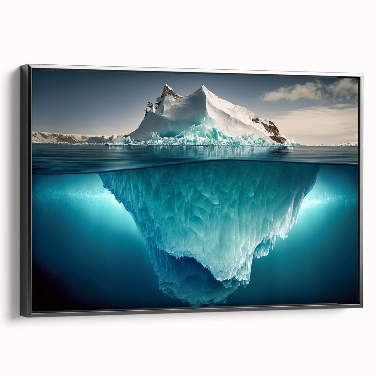 Framed canvas wall art showcasing a striking iceberg design, featuring a mix of cool blues and whites, ideal for modern home decor. The black frame enhances the artwork's appeal, making it a perfect centerpiece for living spaces.