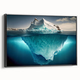 Framed canvas wall art showcasing a striking iceberg design, featuring a mix of cool blues and whites, ideal for modern home decor. The black frame enhances the artwork's appeal, making it a perfect centerpiece for living spaces.