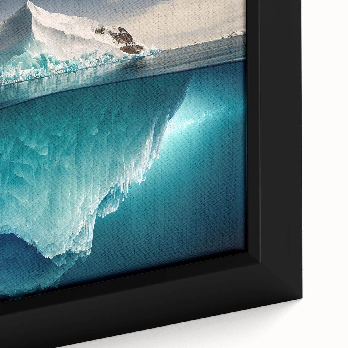Close-up of a framed canvas wall art piece showcasing an iceberg design with shades of blue and white, perfect for enhancing modern home decor.