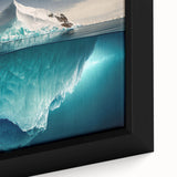 Close-up of a framed canvas wall art piece showcasing an iceberg design with shades of blue and white, perfect for enhancing modern home decor.