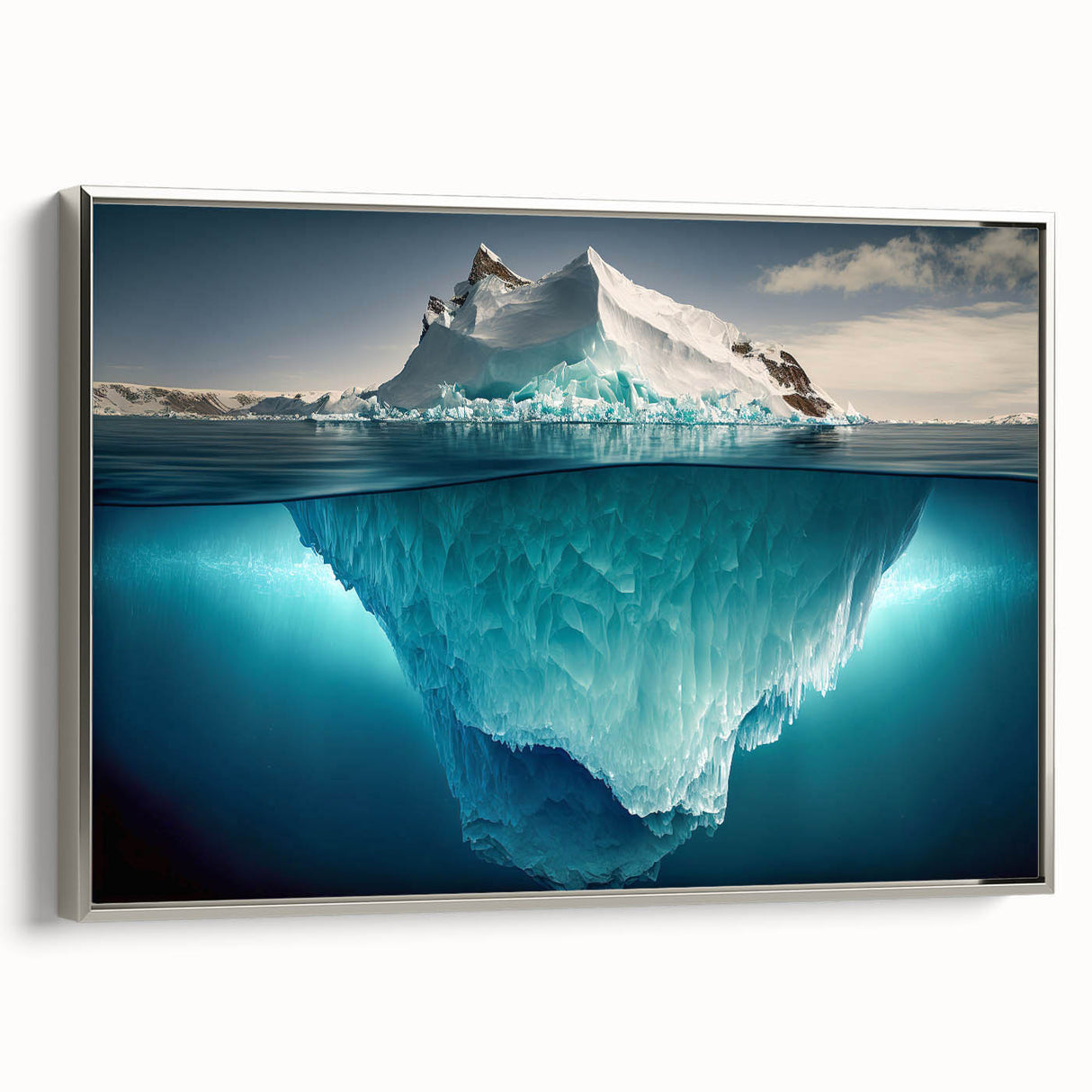 Framed canvas wall art showcasing a stunning iceberg landscape design, featuring cool blue and white tones. The artwork is elegantly presented with a silver frame, perfect for adding a touch of modern sophistication to any room decor. Ideal for nature lovers and art enthusiasts.