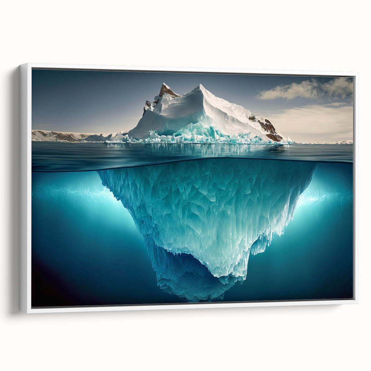 Framed canvas wall art featuring a stunning iceberg landscape design, showcasing vibrant blue hues and intricate details, perfect for home decor or office space.
