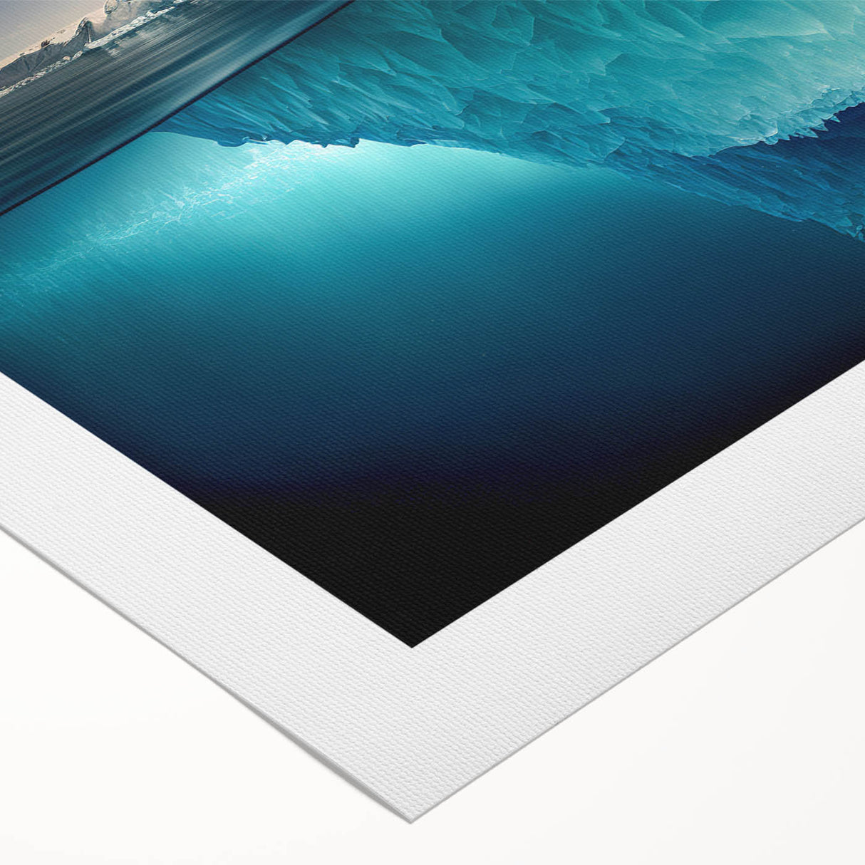 Vibrant rolled canvas showcasing a stunning iceberg landscape design, perfect for wall art decor, featuring icy blues and whites, ideal for modern interiors.