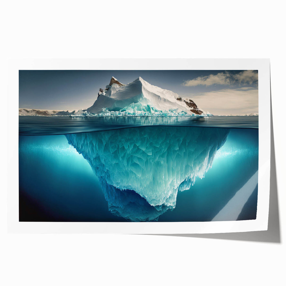 Rolled print showcasing a stunning iceberg landscape design, featuring vibrant blues and whites, perfect for modern home decor. Ideal for art enthusiasts seeking unique wall art.