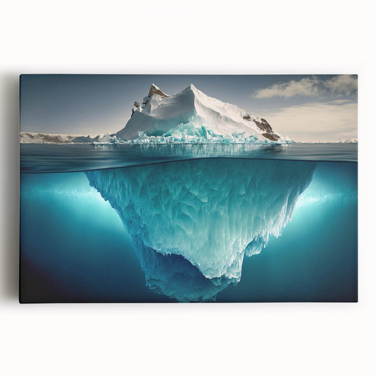 Stretched canvas art depicting a vibrant iceberg landscape with intricate textures and shades of blue, ideal for modern home decor and art enthusiasts.