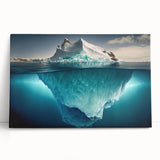 Stretched canvas wall art featuring a stunning iceberg design, showcasing vibrant blues and whites, ideal for modern home decor or office aesthetics.