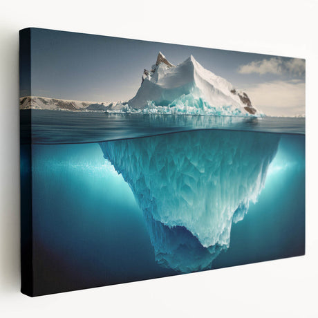 Stretched canvas wall art collection showcasing a stunning iceberg landscape design in vivid blues and whites, featuring a side view that highlights the textured surface and depth, perfect for adding a serene, nature-inspired touch to any modern decor.