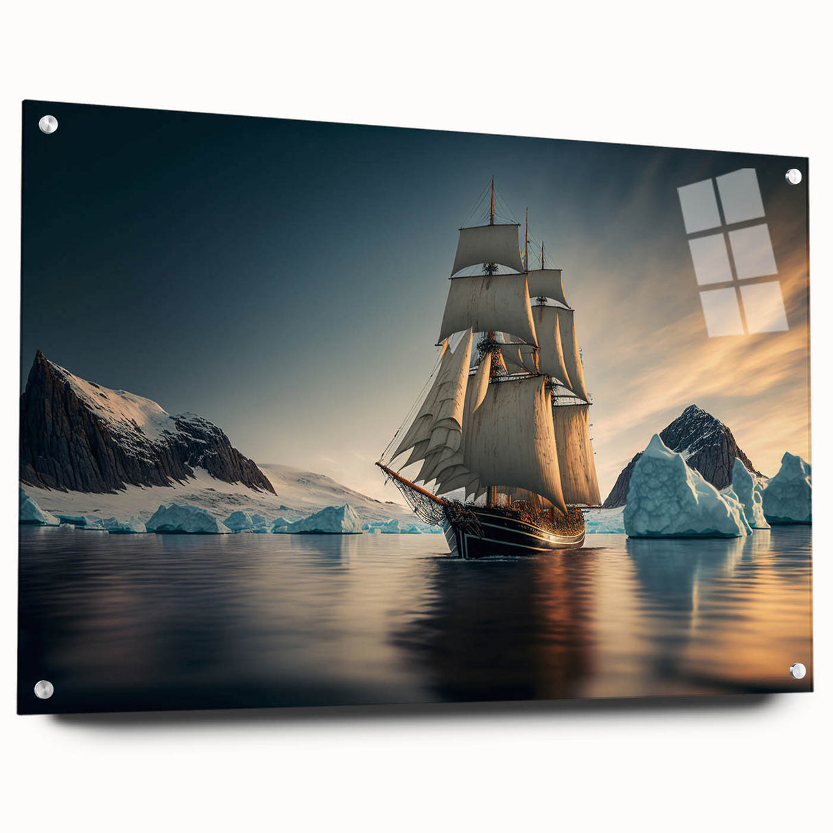 Acrylic glass wall art featuring a stunning iceberg landscape design, showcasing vibrant blues and whites. Side view highlights pin mounting for easy display.