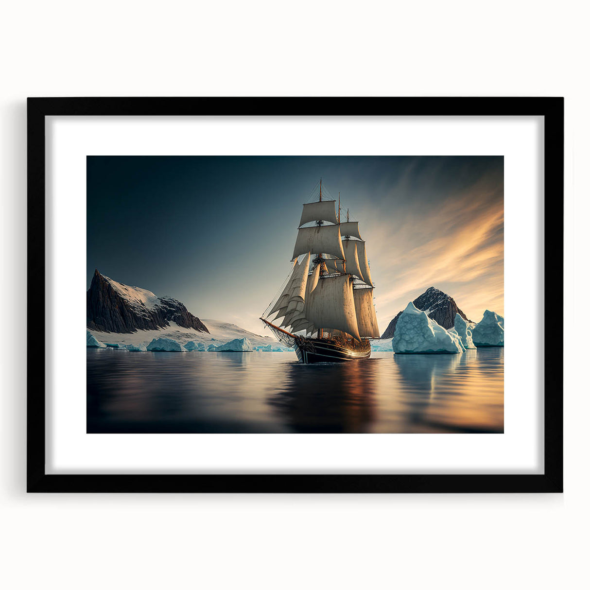 Framed black wall art showcasing a striking iceberg landscape design, featuring a matte finish and sleek black frame, perfect for modern home decor.