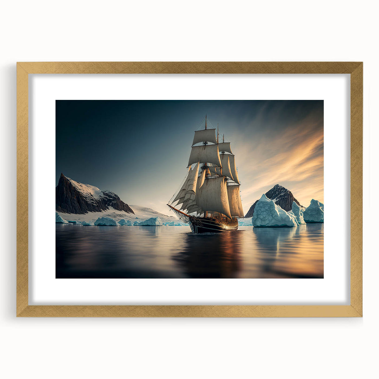 Framed wall art showcasing a stunning iceberg landscape design with a gold mat, adding an elegant touch to home decor. Ideal for modern and nature-themed interiors.